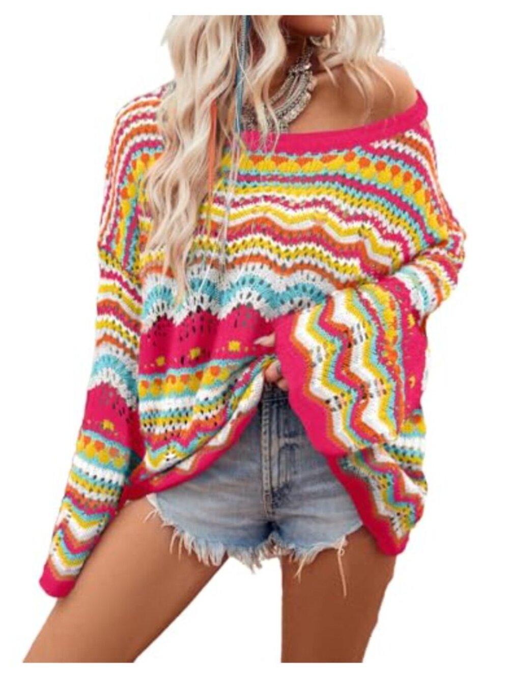 Oversized Crochet Hollow Out Pullover Sweater Long Sleeve Crew Neck Lightweight